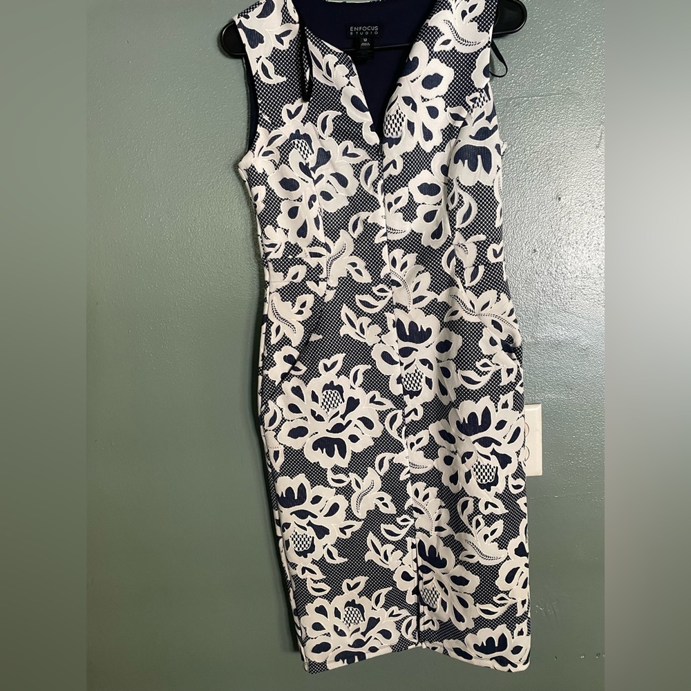 Woman navy blue and white dress